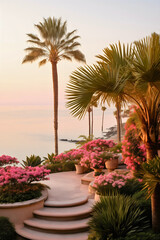 Fototapeta premium Tropical resort landscape at the summer sunset, terrace with vibrant flowers and palm trees, hotel resort patio outdoors, villa yard in an idyllic paradise seascape park, no people, nobody