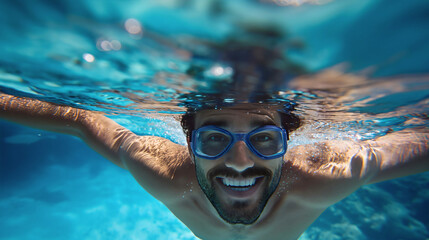 Closeup of a handsome young man with a beard, diving underwater in the swimming pool, smiling and looking at the camera. Male model summer leisure activities, happy, wearing goggles - Powered by Adobe
