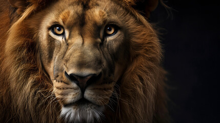 Front view closeup of a male lion studio photography isolated on black background, powerful wild cat, motivation and inspiration, self improvement and growth concept, staring at the camera