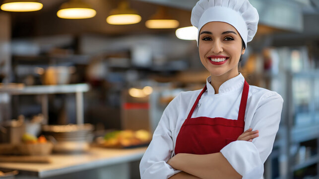 Professional female kitchen worker at a restaurant smiling at the camera, standing with her arms crossed, wearing red apron and white cook hat. Culinary occupation employee staff indoors, cooker job