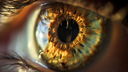 Detailed macro photography of a woman's eye pupil and iris, brown or green color eyeball and...