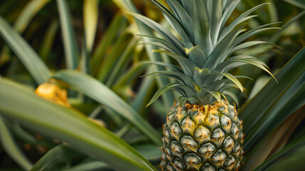 One whole organic tropical pineapple ananas plant tree fruit, raw vegan diet sweet desert food, exotic tasty vegetarian nutrition freshness, surrounded by leaves in nature