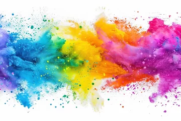 Gordijnen Colorful paint splashes and powder explosions Symbolizing creativity Energy And the vibrant festival of holi On an isolated white background © Bijac