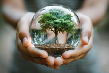 Crystal globe with a growing tree in human hands Symbolizing environmental awareness and the importance of global sustainability efforts