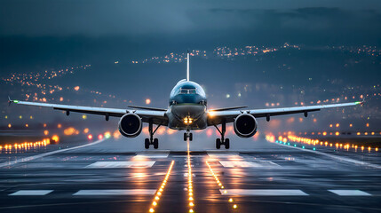 Airplane departure from the ground, flying up in the air on an airport during the evening or night, front view photography. Commercial aircraft flight transport, takeoff or landing - obrazy, fototapety, plakaty