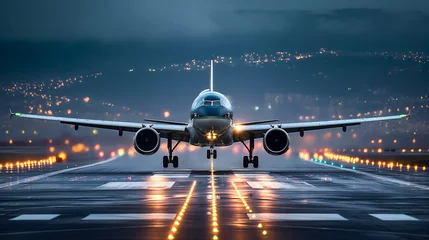 Fotobehang Airplane departure from the ground, flying up in the air on an airport during the evening or night, front view photography. Commercial aircraft flight transport, takeoff or landing © Nemanja