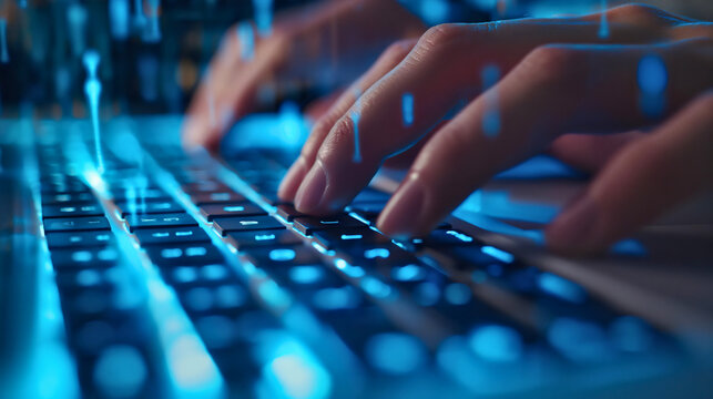 Closeup of hands typing on the laptop, coder or programmer at his job. Blue digital codes and scripts of information, binary html text and numbers, web development occupation worker
