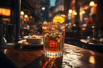 Vaso con bebida  alcohólica con hielos y limon en la barra de un bar.  Coctelería  - obrazy, fototapety, plakaty