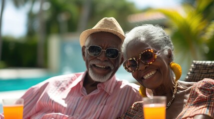 An elderly black and white couple, poolside relaxation, sunshine, tropical island, happy faces, lounge chairs, refreshing drinks,