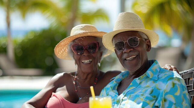 An elderly african american couple, poolside relaxation, sunshine, tropical island, happy faces, lounge chairs, refreshing drinks, 
