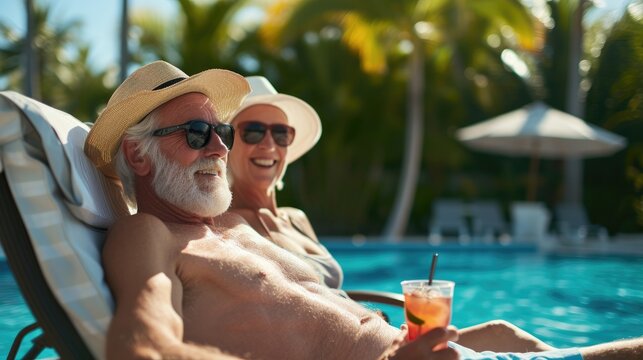 An elderly white couple, poolside relaxation, sunshine, tropical island, happy faces, lounge chairs, refreshing drinks, 