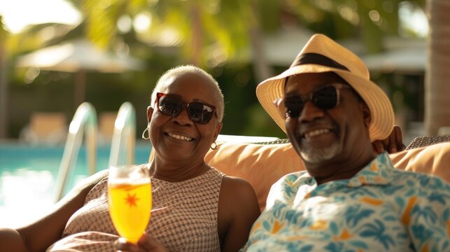 An elderly african american couple, poolside relaxation, sunshine, tropical island, happy faces, lounge chairs, refreshing drinks, - Powered by Adobe