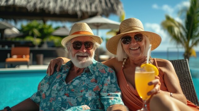An elderly couple, poolside relaxation, sunshine, tropical island, happy faces, lounge chairs, refreshing drinks