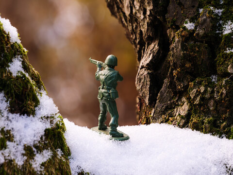 A toy soldier stands on a brown, green mossy, snowy tree branch in the frozen, cold, frosty winter weather. In the background, the nature is blurred.