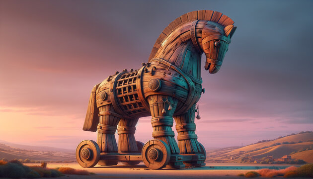 Trojan Horse: Realistic and detailed depiction of a weathered artifact from the era of the Trojan War.