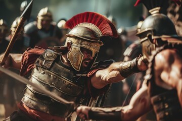 Roman gladiator battle Intense combat scene Historical reenactment Strength and strategy