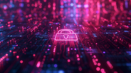 Padlock icon against the backdrop of a sophisticated digital circuit board offers a visualization of cybersecurity, the crucial significance of protecting sensitive information interconnected world. - obrazy, fototapety, plakaty