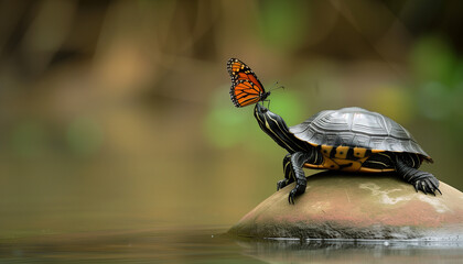 A serene turtle rests on a rock with a delicate orange and black butterfly perched on its head, symbolizing a peaceful moment of symbiosis in nature