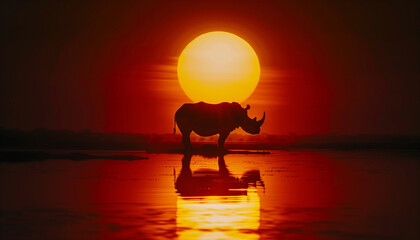 A solitary rhinoceros stands in silhouette against a dramatic red sunset, with its reflection shimmering in the water, creating a peaceful yet poignant scene in the wild
