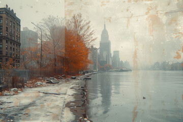 A photo in which AR adds layers of historical eras over a current scene, showing a time lapse in one frame. Concept of augmented historical perspectives. Generative Ai.