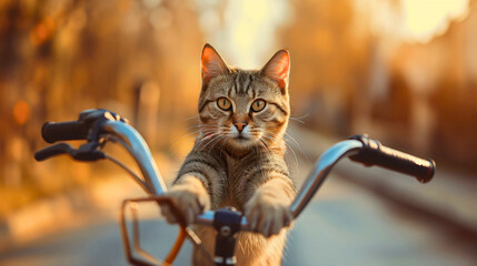 Funny cat riding a bicycle or a bike outdoors, looking at the camera
