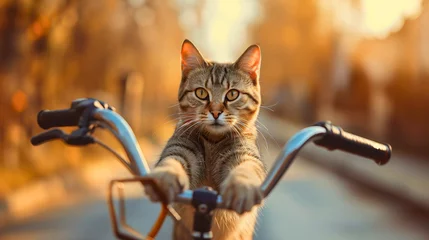 Afwasbaar Fotobehang Fiets Funny cat riding a bicycle or a bike outdoors, looking at the camera