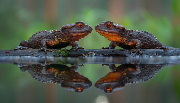 Two orange-eyed newts face each other on a damp log, their vivid reflection in the water below creating a symmetrical image in their tranquil woodland habitat