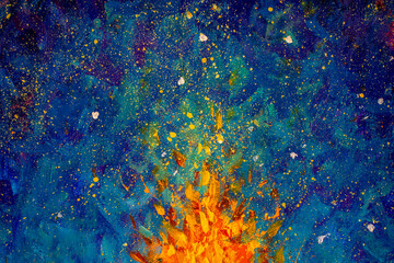 Abstract fire oil painting illustration. Flames of a bonfire against Beautiful night starry sky,...