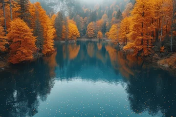 Fototapete Reflection A drone photograph of a serene lake reflecting the surrounding autumn foliage, showcasing nature's palette. Concept of seasonal beauty in landscape photography. Generative Ai.