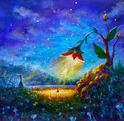 Foto op Aluminium Hand drawn oil painting fairy tale fantasy landscape with magic flower and little girl illustration for a fairy tale art background. Oil painting on canvas. Modern art. Contemporary art. © Original Painting
