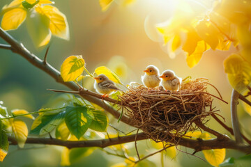 Little chicks in the nest on a tree branch in the sunlight. Springtime concept.