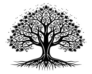 A black vector design of a big blooming tree showcasing its intricate root structure, against white background 