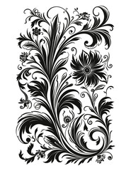 A black and white illustration featuring a detailed depiction of a flower, showcasing intricate lines and patterns.