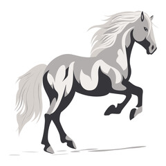A grey and white horse galloping energetically against a white background, while background 