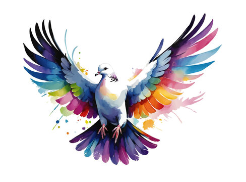 A vibrant dove bird soars through the air, showcasing its colourful feathers as it spreads its wings wide. Against white background 