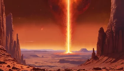 Fotobehang Baksteen Exploring an alien world: a spectacular landscape with fiery ray, giant rocks and desert under a starry sky