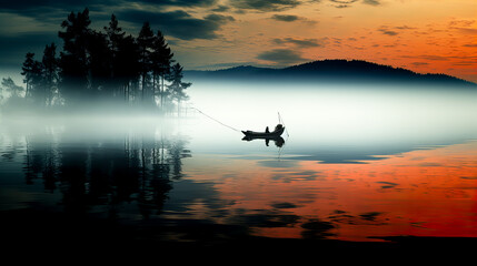 Fishing boat on the lake in the morning with fog and reflection. Generative AI technology.