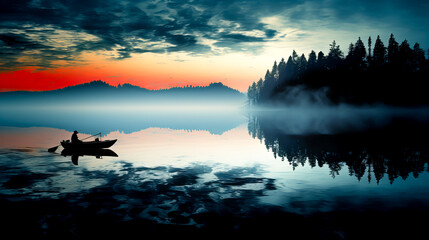 Fishing boat on the lake in the morning with fog and reflection. Generative AI technology.