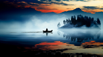 Fishing boat on the lake in the morning with fog and reflection. Generative AI technology.