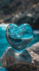 Blue water in a heart-shaped crystal sphere. World Water Day. 