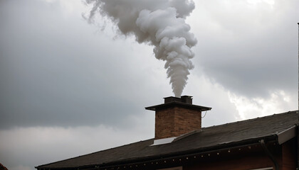 Dense smoke comes out of the chimney of a private house due to the burning of wood