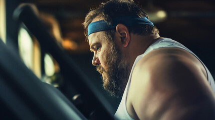 Overweight fat man with beard running treadmill machine in the gym, male doing cardio workout indoors or inside, losing weight, get in shape and build a fit body, healthy lifestyle, burning calories - obrazy, fototapety, plakaty