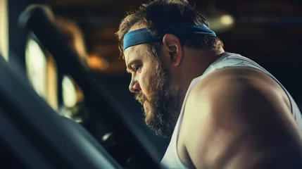 Foto op Plexiglas Overweight fat man with beard running treadmill machine in the gym, male doing cardio workout indoors or inside, losing weight, get in shape and build a fit body, healthy lifestyle, burning calories © Nemanja
