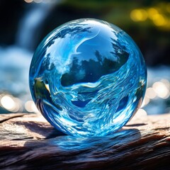 Blue water in crystal sphere. World Water Day. 