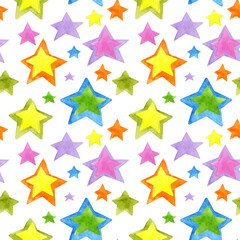 Obraz premium Watercolor illustration of a pattern of celestial bodies. Multicolored hand-drawn doodle stars. Template for space banner or poster. Elements of astronautics. Children's drawings. Isolated 