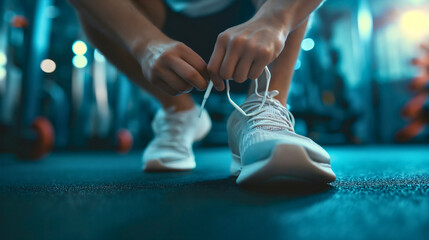 Closeup of a man tying his gray and white sport shoes or sneakers, wearing shorts and tshirt in the modern gym interior indoors. Footwear lace tying,exercise and workout healthy lifestyle for training - obrazy, fototapety, plakaty