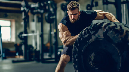 Handsome and muscular young athletic man flipping or pushing a heavy tractor tire in the modern CrossFit gym interior, wearing t shirt and shorts. Bodybuilding strength and endurance workout indoors - Powered by Adobe
