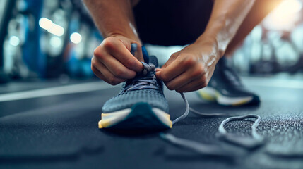 Closeup of a man tying his gray and white sport shoes or sneakers, wearing shorts and tshirt in the modern gym interior indoors. Footwear lace tying,exercise and workout healthy lifestyle for training - obrazy, fototapety, plakaty
