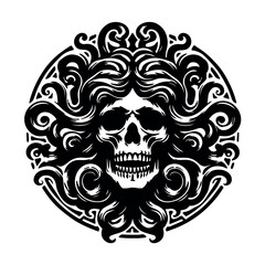 Skull head of a gorgon jellyfish, black silhouette on a transparent background in the shape of a circle, vector drawing for a stencil