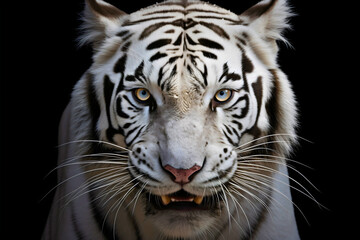 Closeup front view studio portrait photography of a beautiful and dangerous striped white tiger animal, staring at the camera, aggressive wild cat isolated on black background, head or face shot